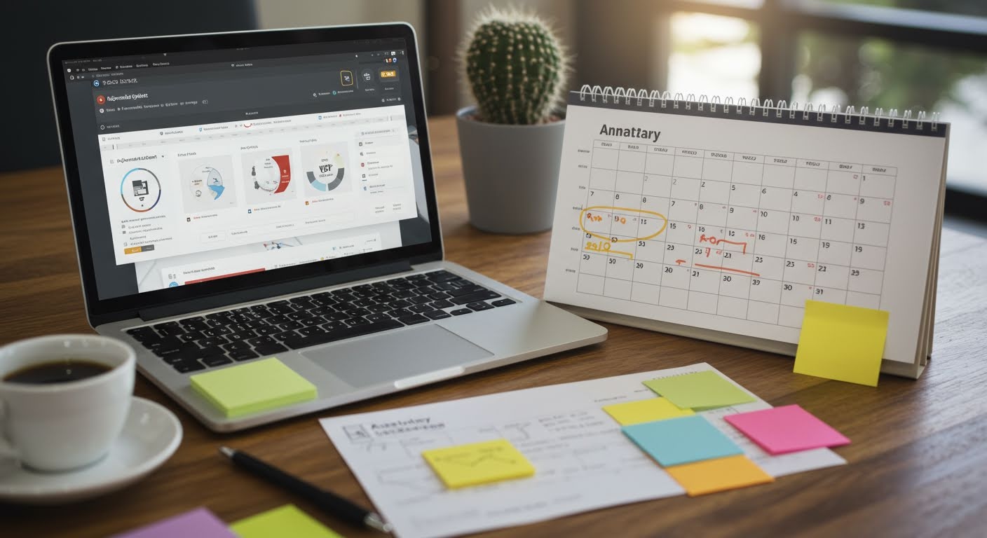 Website content updates schedule on laptop with calendar showing quarterly review dates
