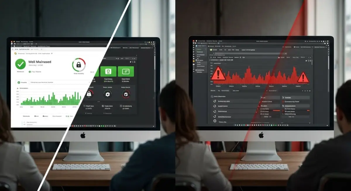 WordPress management dashboard showing security monitoring, performance metrics, and update status for business website maintenance