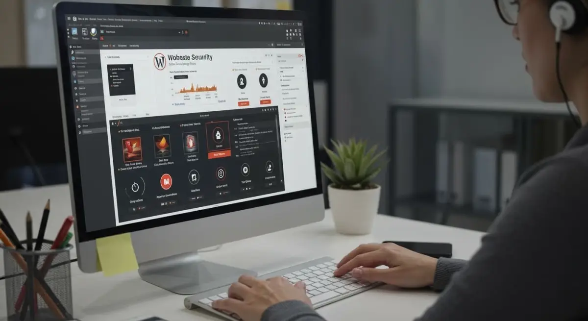 WordPress security management interface showing malware scan results, firewall status, and security hardening checklist for business website protection