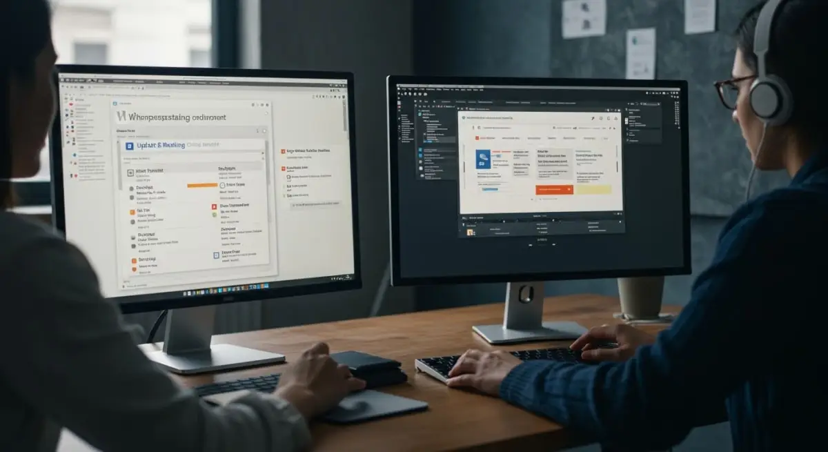 WordPress update management workflow showing staging environment testing, compatibility checks, and safe deployment process for business websites