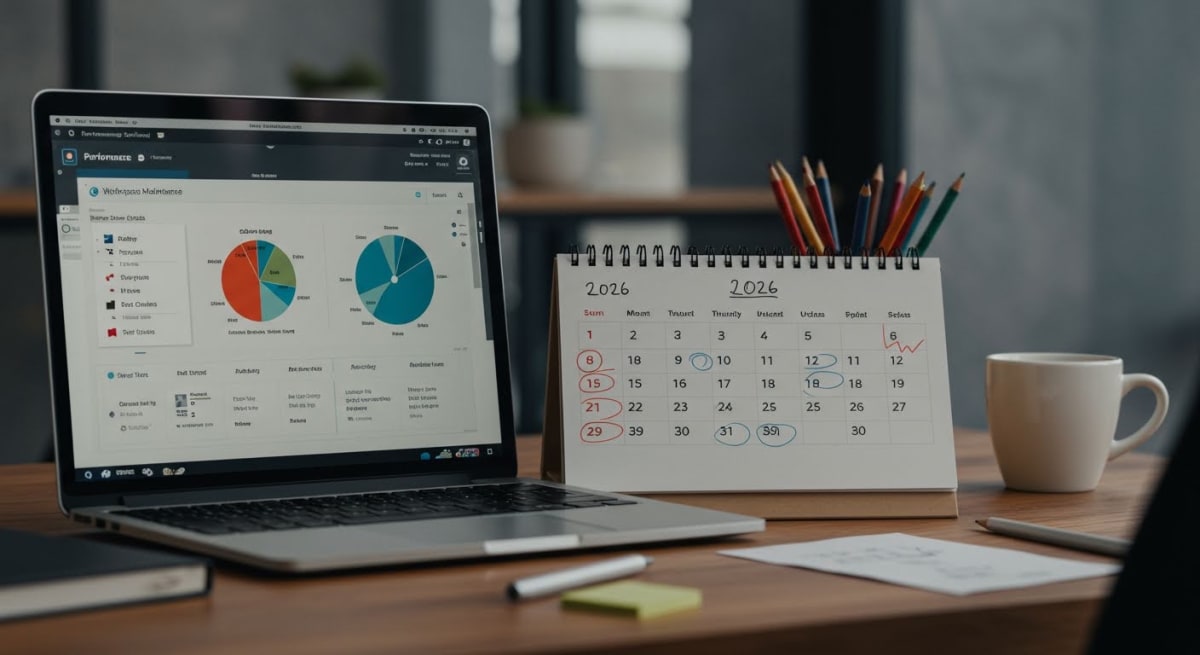 WordPress management 30-day action plan calendar showing daily tasks for security, performance, and optimization improvements throughout January