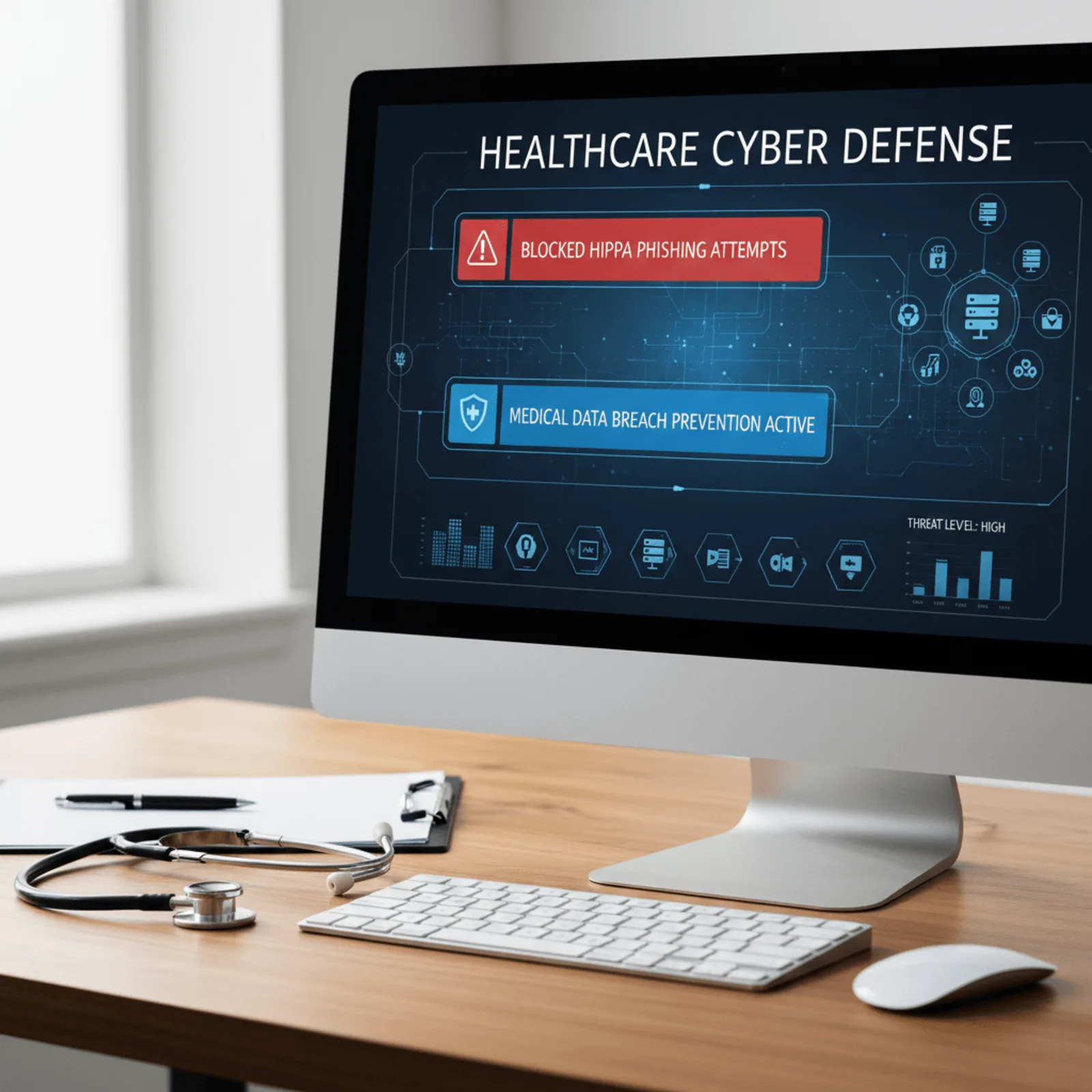 wordpress support for healthcare - security monitoring dashboard showing blocked attack attempts on medical practice website