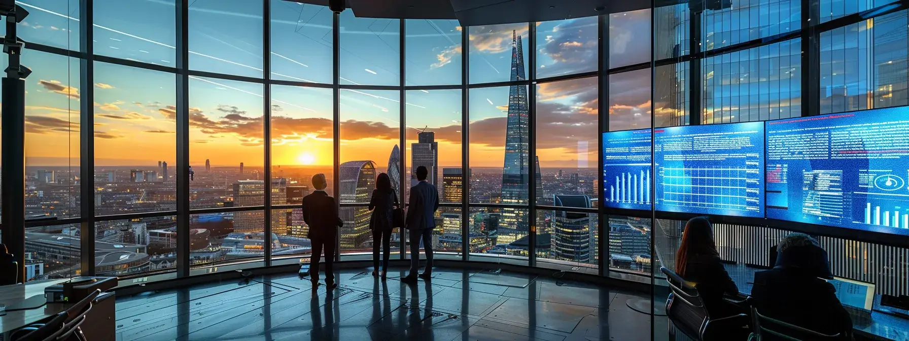 a sleek, modern office environment showcases a large digital screen displaying a dynamic infographic highlighting various website security risks, with focused professionals analyzing data on laptops amidst a backdrop of city skyscrapers through expansive glass windows.