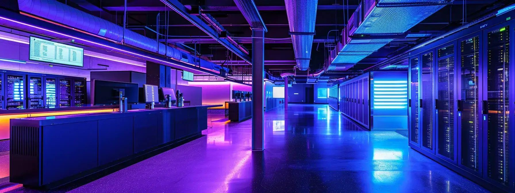 a futuristic data center with glowing servers and digital screens showcasing seo ranking numbers.