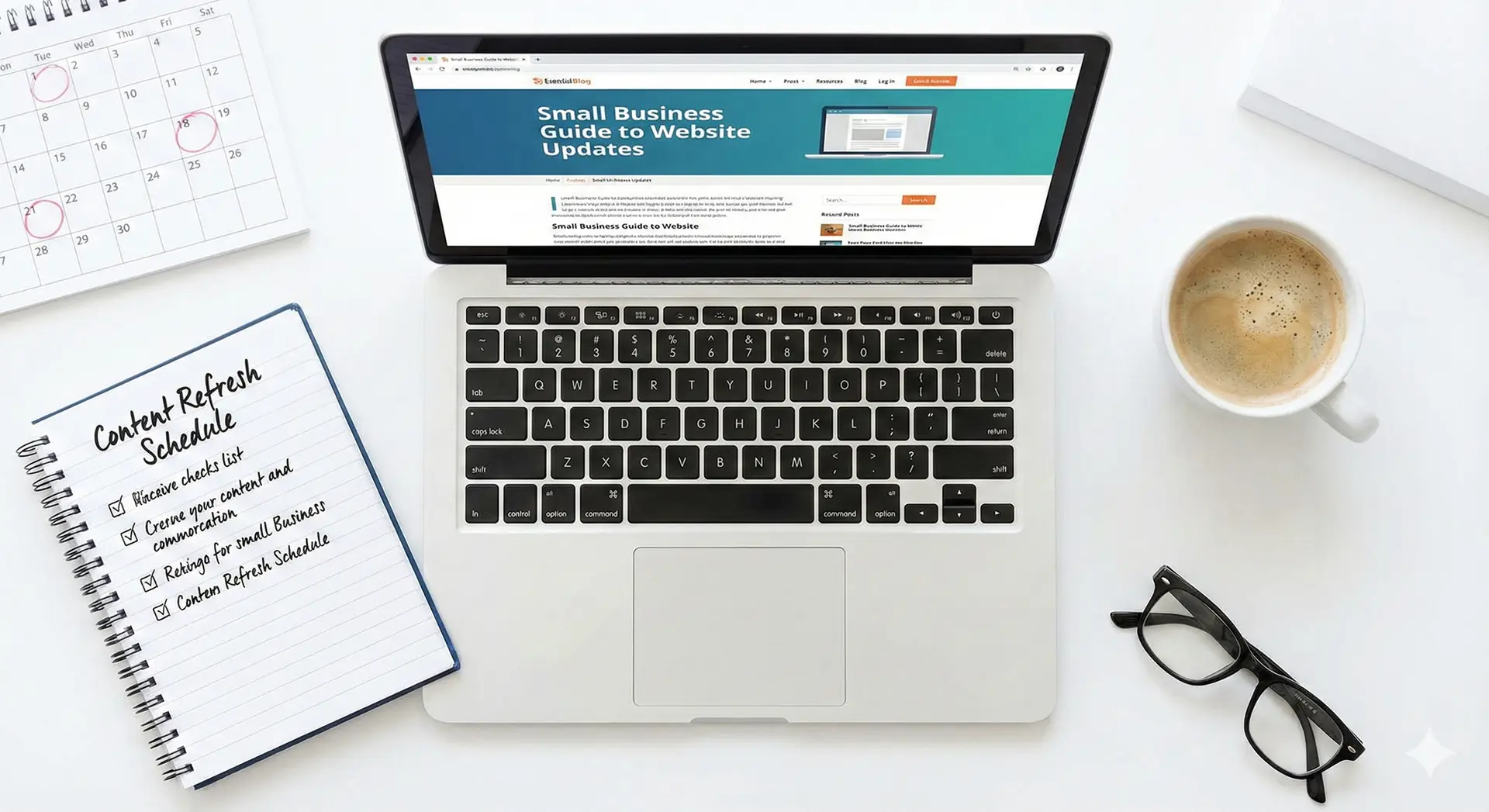 Laptop workspace with a checklist showing how often to update website content for small businesses.