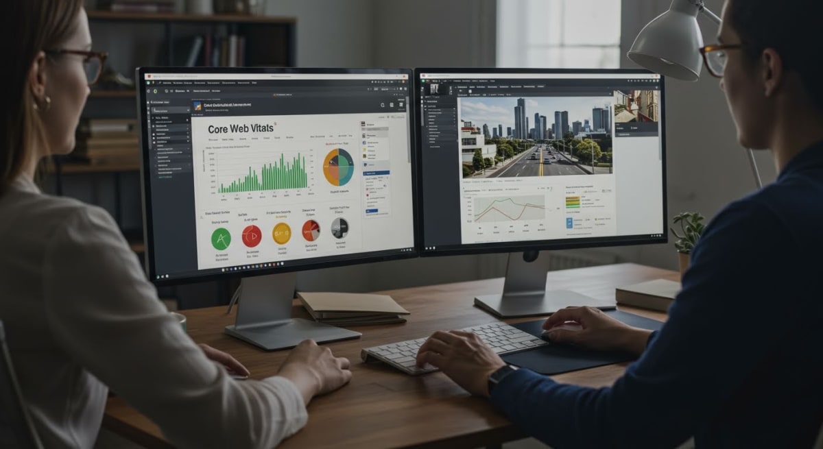 website management services technical health dashboard showing Core Web Vitals scores and SEO metrics for Marion business
