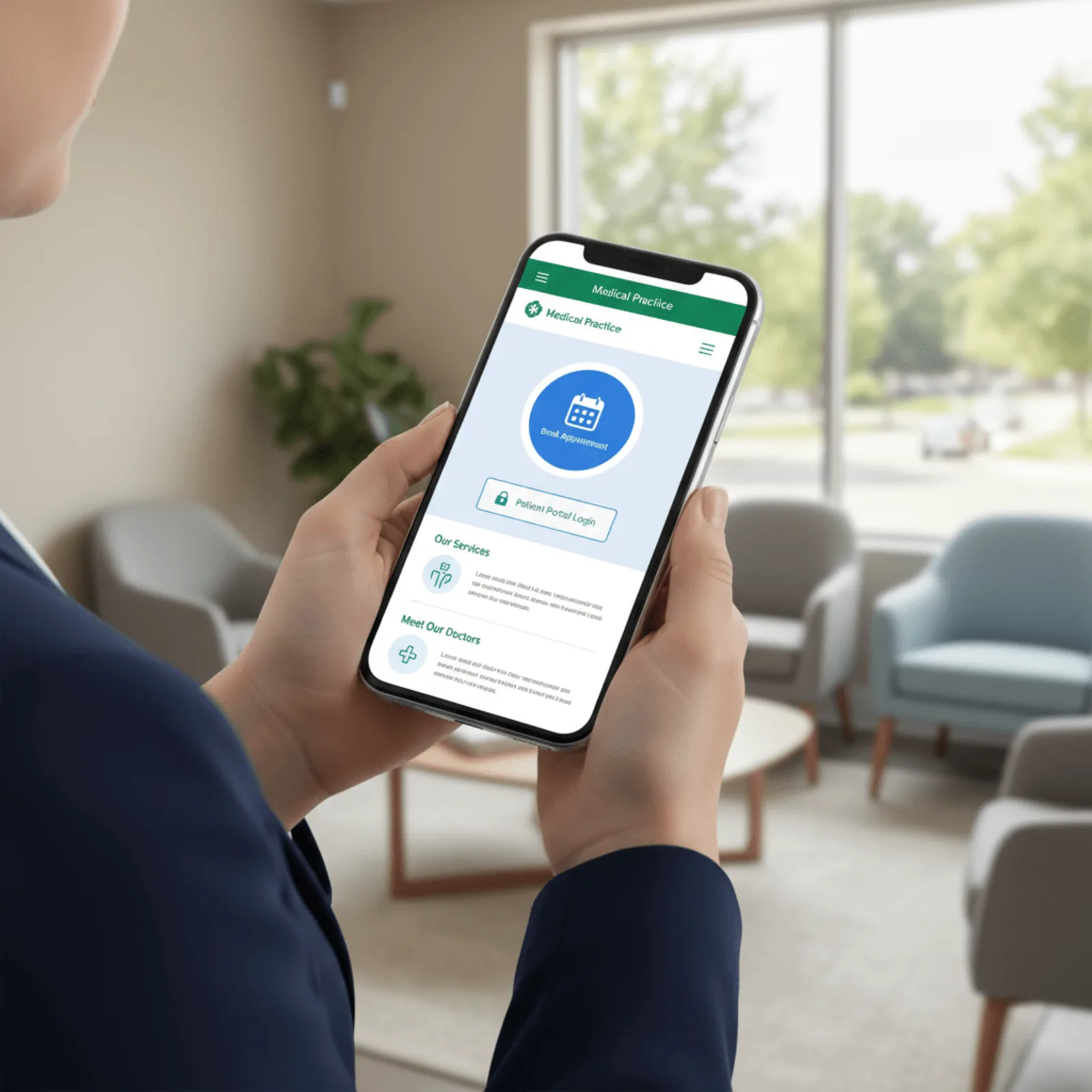 patient focused medical website design - mobile phone displaying one-click appointment scheduling interface for medical practice