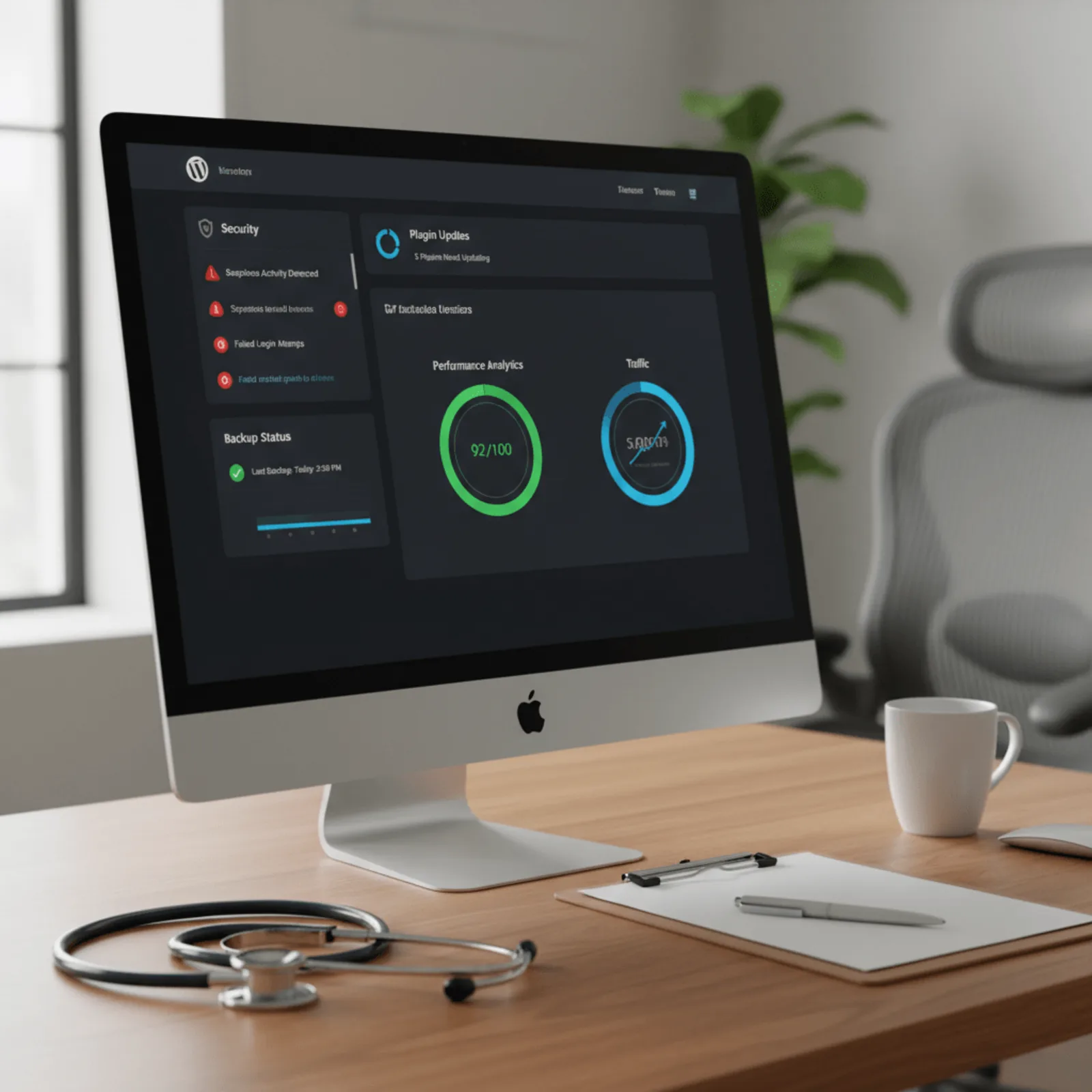 patient focused medical website design - dashboard showing WordPress security monitoring and update management for healthcare site