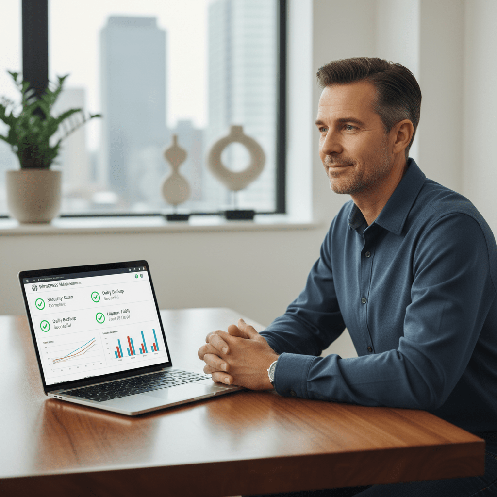 cheap wordpress maintenance - business owner reviewing wordpress maintenance report