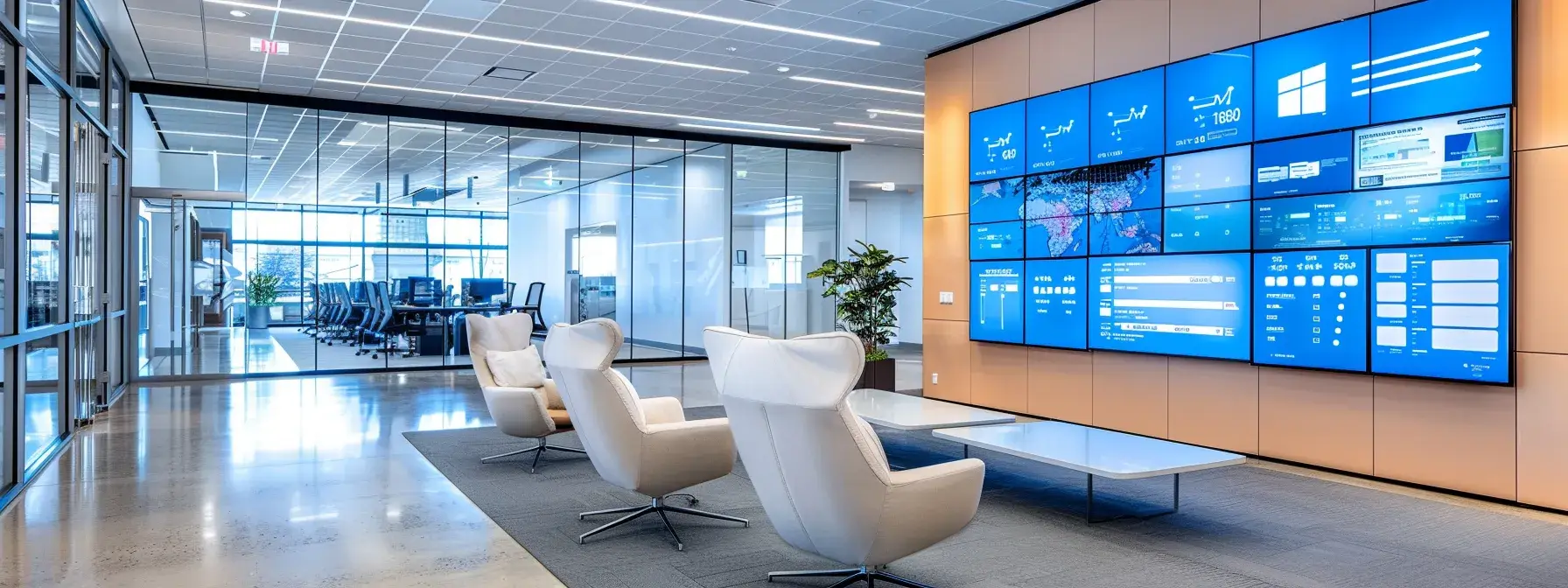 a sleek, modern office space features a large digital screen displaying complex cybersecurity analytics, highlighting the urgency of enhancing website security protocols with vibrant colors and dynamic visuals.