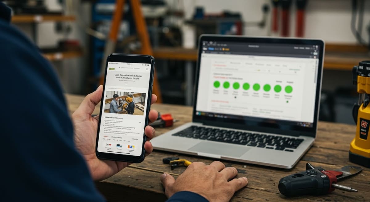 web development - mobile phone displaying fast-loading business website with Core Web Vitals performance metrics overlay