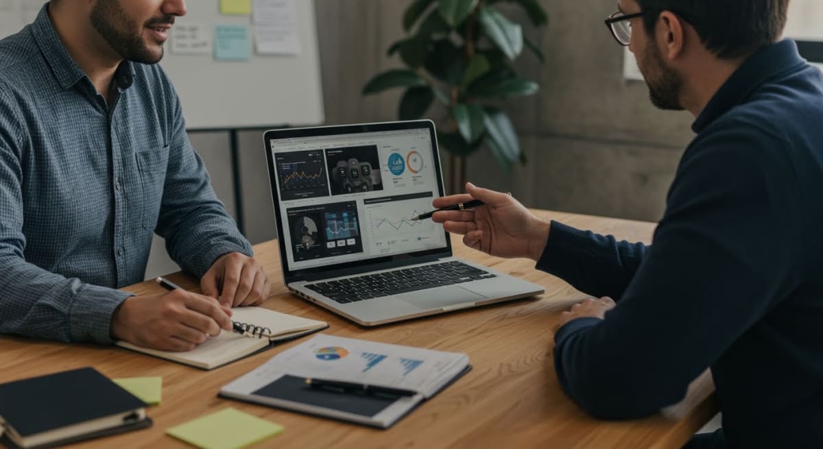 web development - business owner meeting with web developer reviewing website strategy and long-term partnership plan