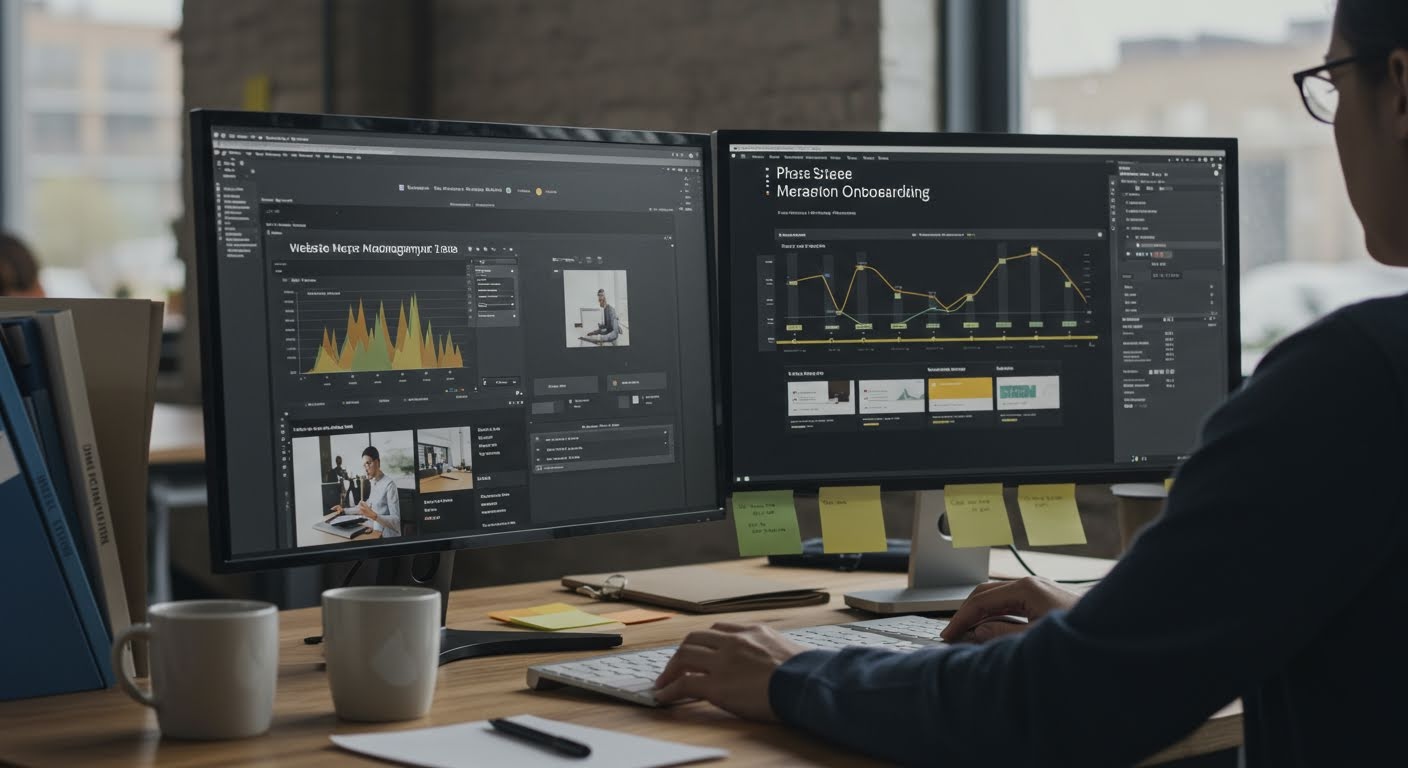 Professional website management services onboarding process with multiple computer screens showing analytics and timelines