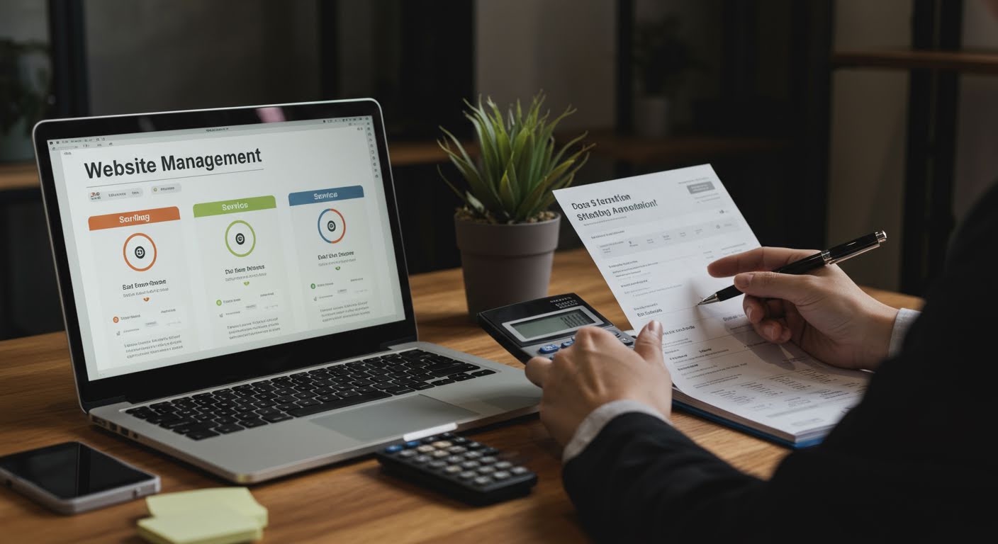 Small business owner comparing website management services pricing tiers