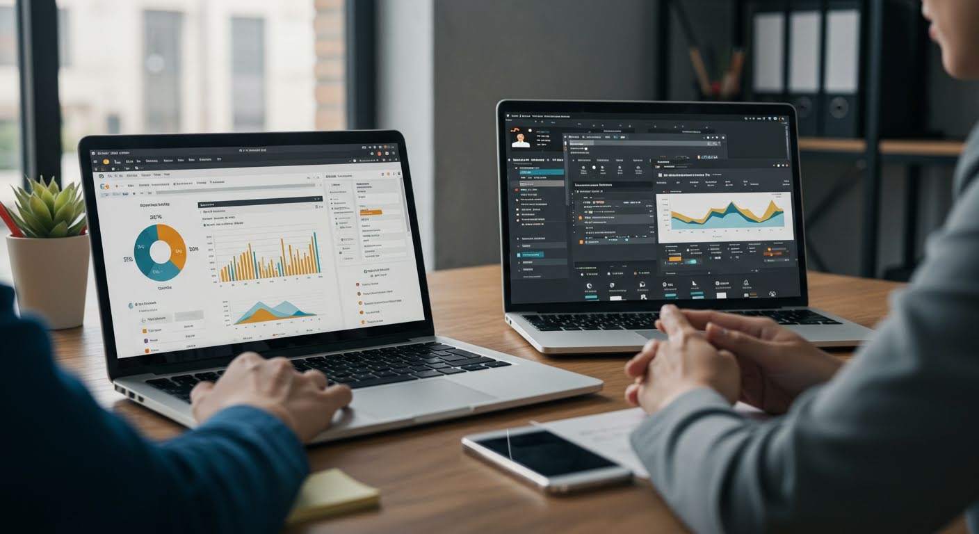 Business owner comparing website management services options on two laptops