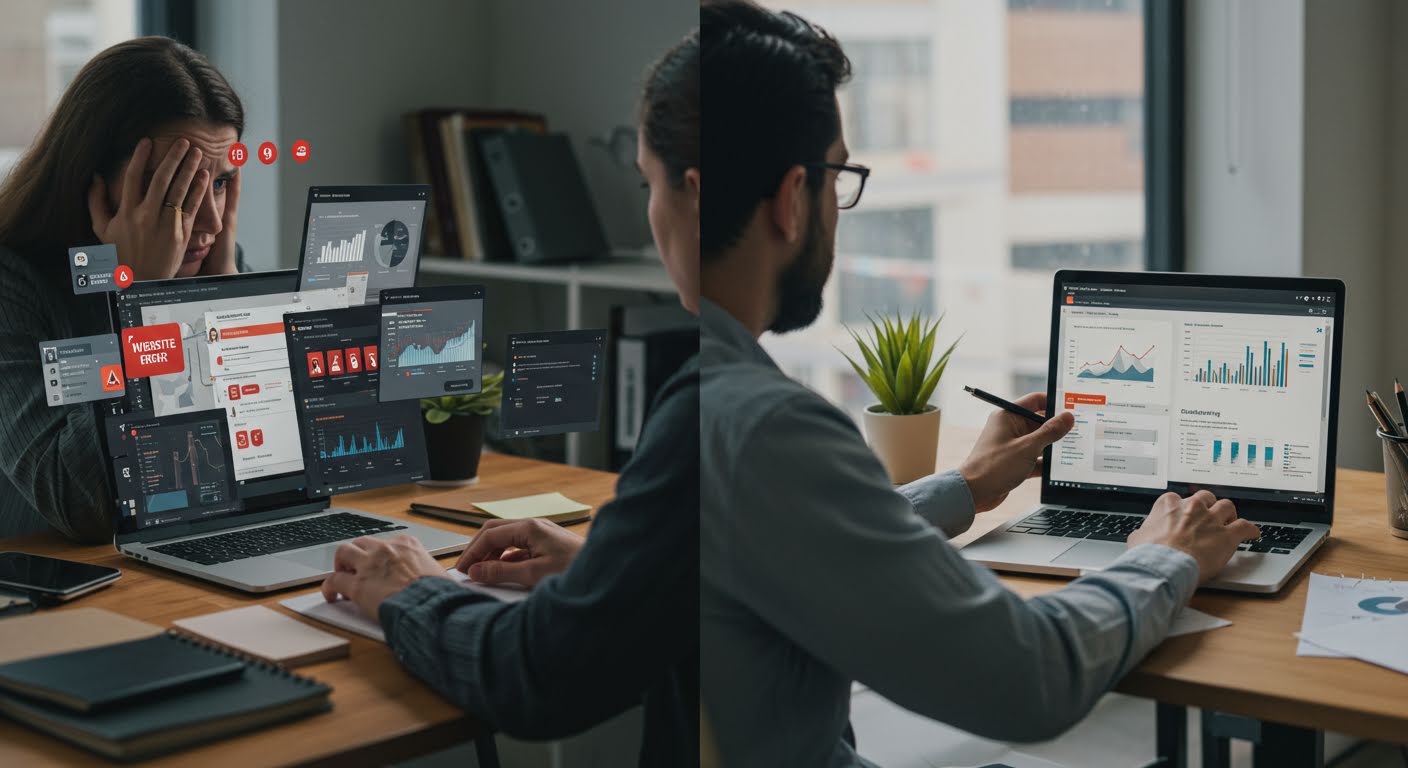 Proactive website management services versus reactive maintenance comparison showing business owner stress levels