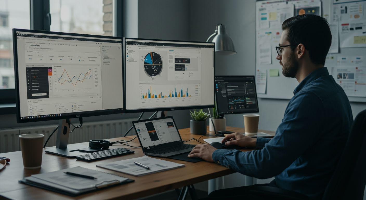 Professional website management services dashboard showing analytics security SEO monitoring