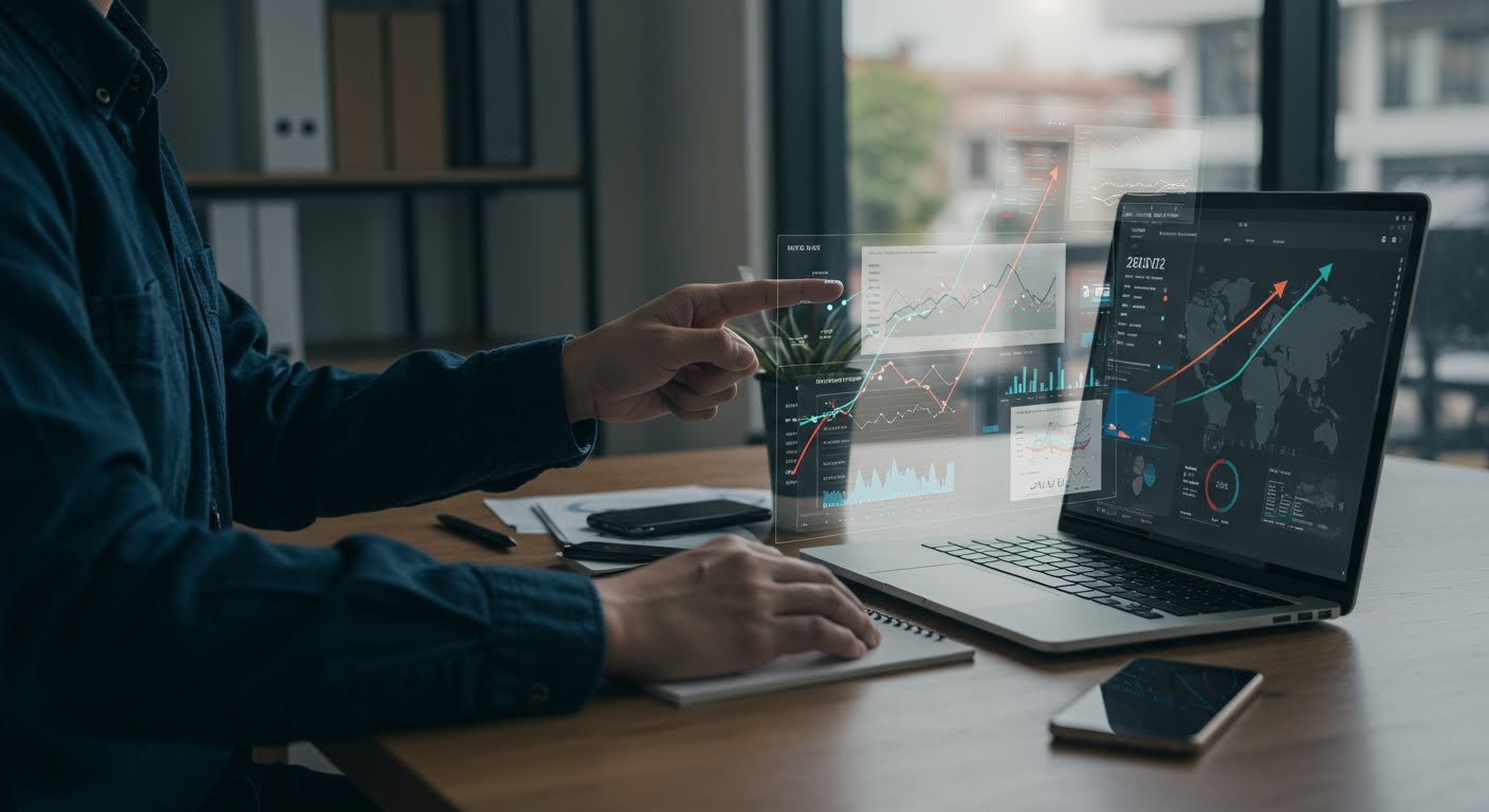 Small business owner reviewing website management services growth trends on laptop
