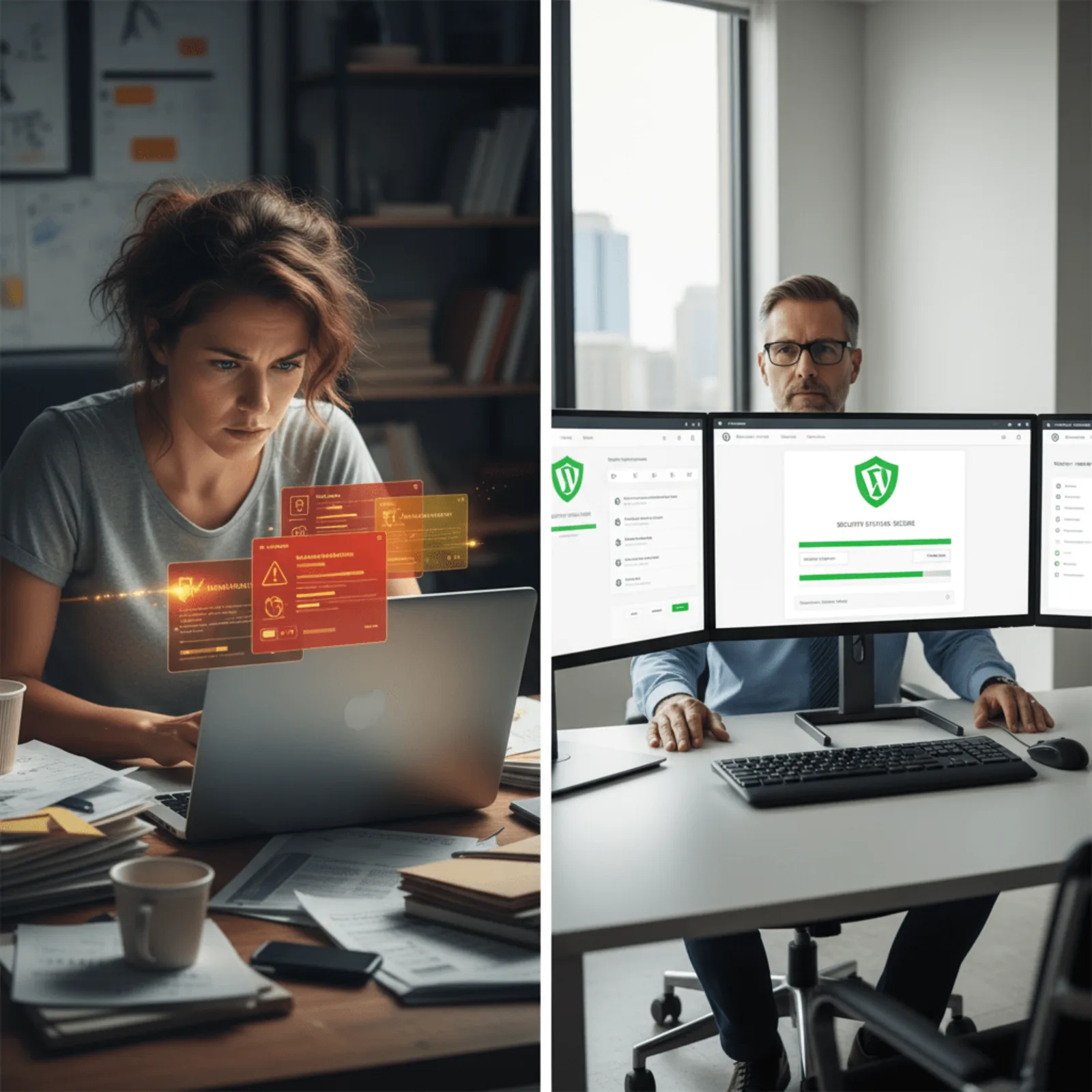 wordpress security - professional security monitoring dashboard showing threat detection and response