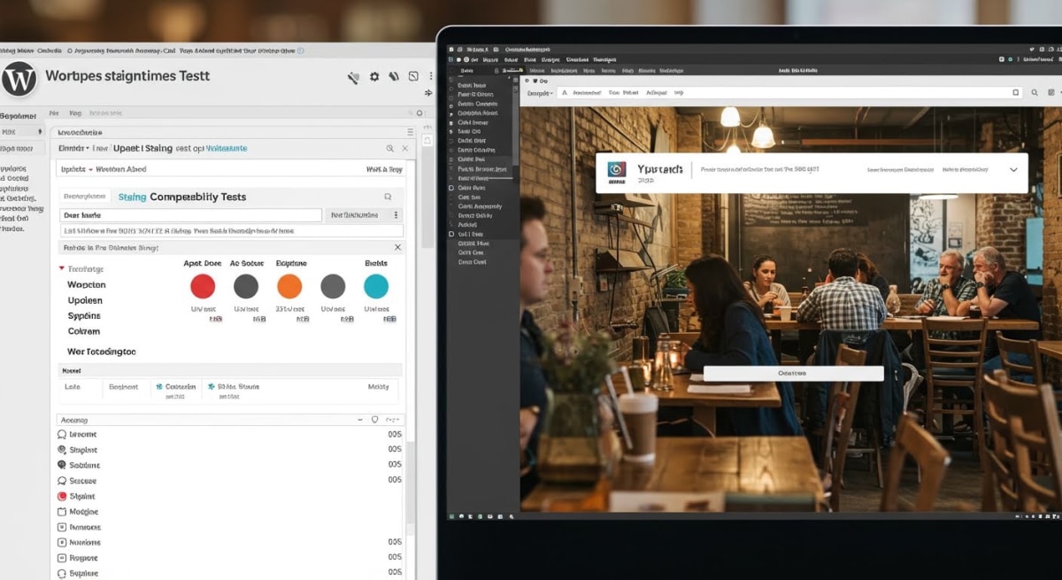 wordpress website management - staging environment testing showing plugin compatibility check before applying updates to live business website