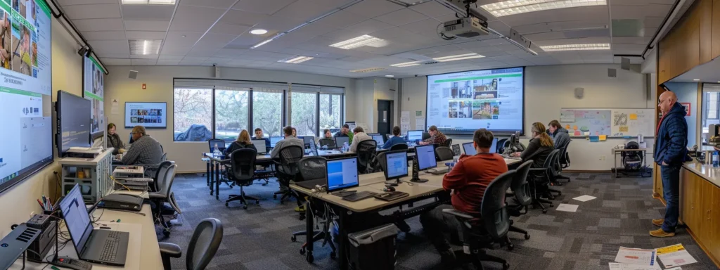 a group of focused professionals training on advanced cms techniques, surrounded by whiteboards filled with strategic plans and maintenance schedules.