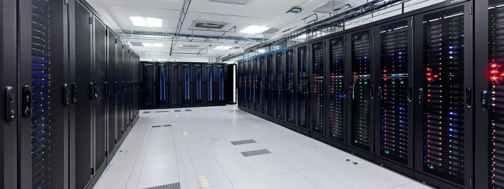 a person inspecting a modern, spacious data center filled with rows of advanced servers, emphasizing the need for migrating web hosting services.