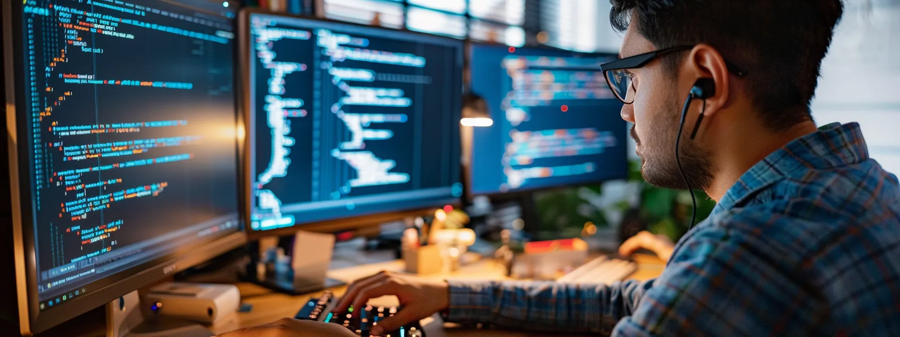 a tech expert swiftly restoring a crashed website through a computer screen filled with lines of complex code, surrounded by multiple glowing screens displaying data analytics.