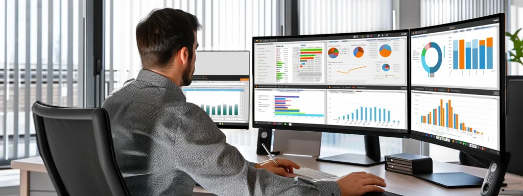 a web developer carefully analyzing performance metrics on multiple computer screens in a modern, sleek office setting.