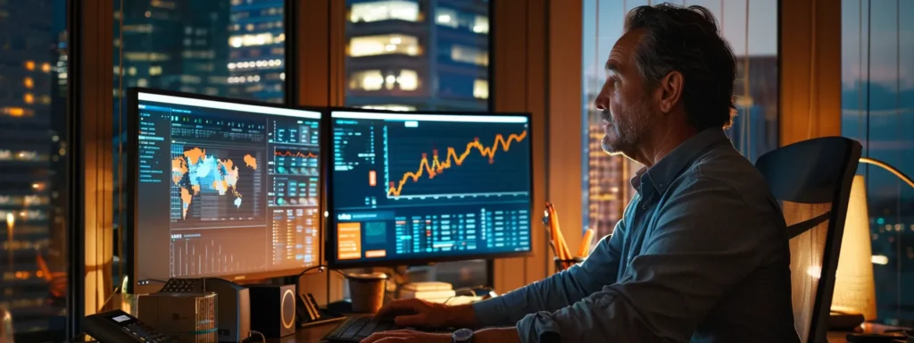 a business owner sitting at a desk, surrounded by computer monitors displaying advanced on-page seo strategies and charts showing sustainable growth.