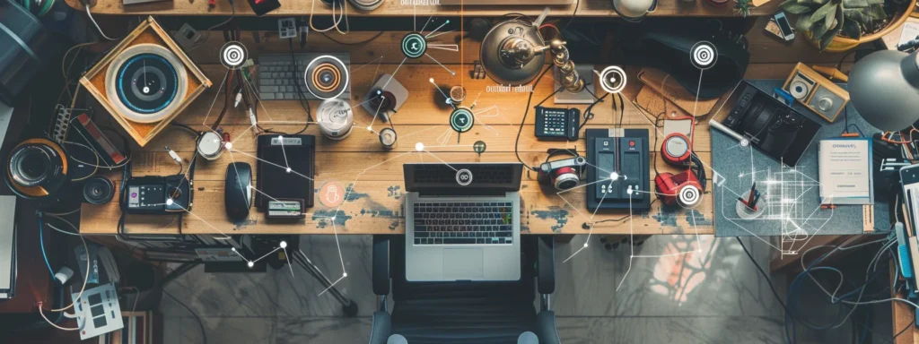 a cluttered desk with a laptop surrounded by a variety of plugin boxes, some labeled