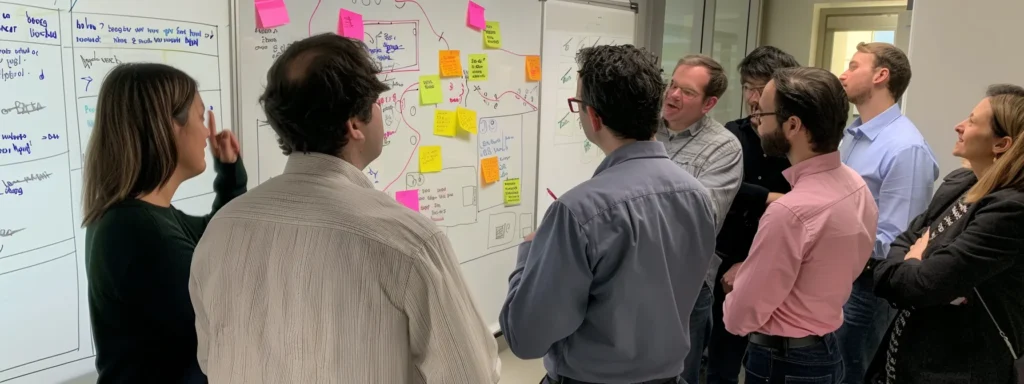 a focused team gathered around a whiteboard, brainstorming and discussing a detailed recovery plan with sticky notes and markers in hand.