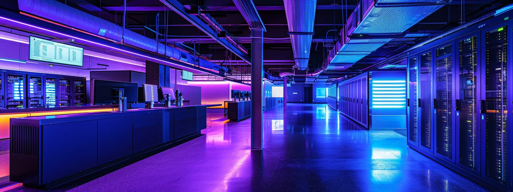 a futuristic data center with glowing servers and digital screens showcasing seo ranking numbers.