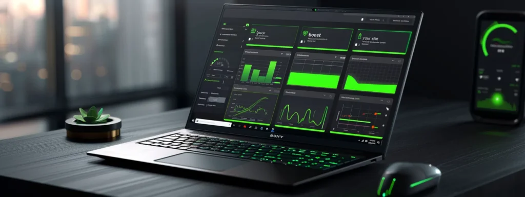 a laptop with multiple tabs open, showing complex seo analytics charts and graphs, with a bright green "boost your site" button displayed prominently.