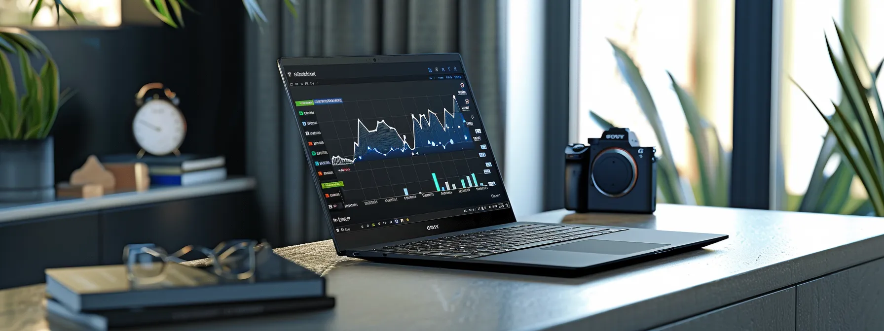 a modern, sleek laptop displaying real-time seo analytics charts and graphs on a clean, organized desk.