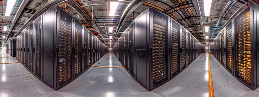 a modern, sleek server room filled with rows of high-speed servers humming quietly, showcasing the essential role of web hosting in search engine rankings.