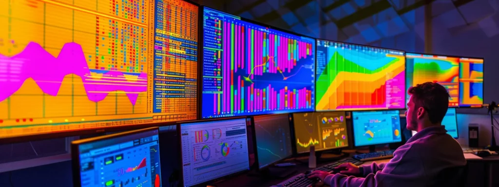 a person analyzing seo data on multiple computer screens with colorful graphs and charts displayed.