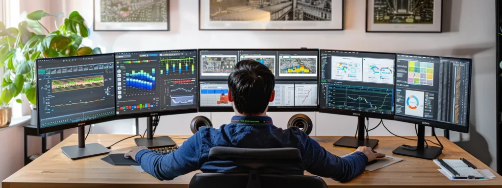 a person sitting at a desk with multiple screens displaying mobile analytics data, conducting a mobile seo audit, and analyzing competitors' strategies to refine mobile seo efforts.