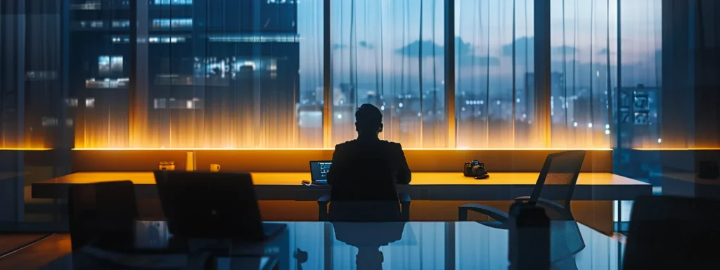 a person sitting at a sleek modern desk with a laptop, carefully evaluating the profiles of various technical seo partners on the screen.