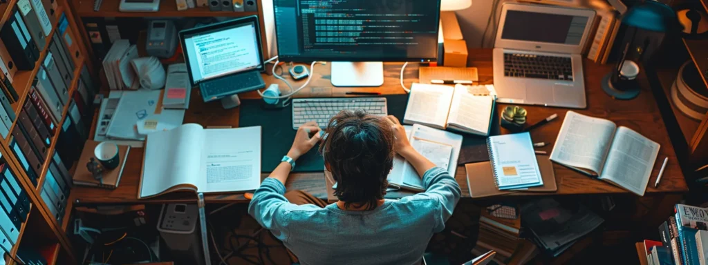 a person surrounded by computer screens, notes, and open books, actively seeking solutions and troubleshooting strategies for technical issues.