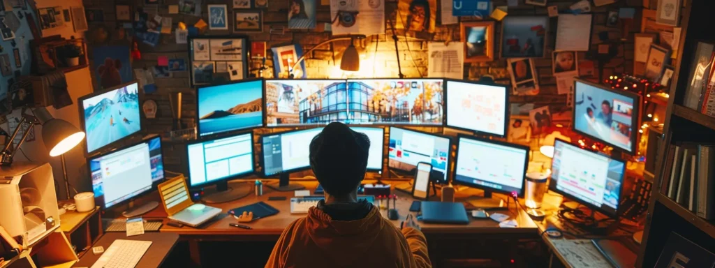 a person surrounded by multiple computer screens, comparing various web hosting plans and reading reviews to make an informed choice.