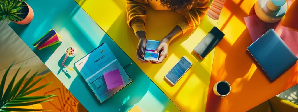 a person using a smartphone to test a website's mobile performance on a colorful, modern desk setup.