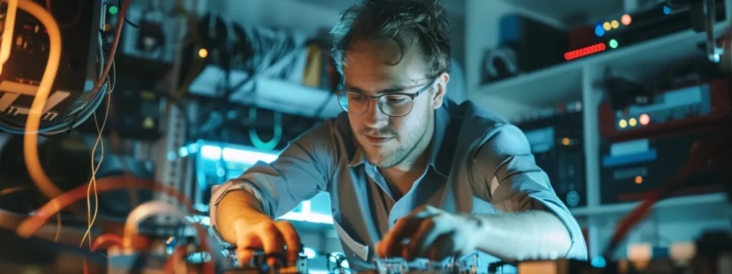 a skilled technician carefully analyzing a complex network setup, surrounded by various tools and equipment.