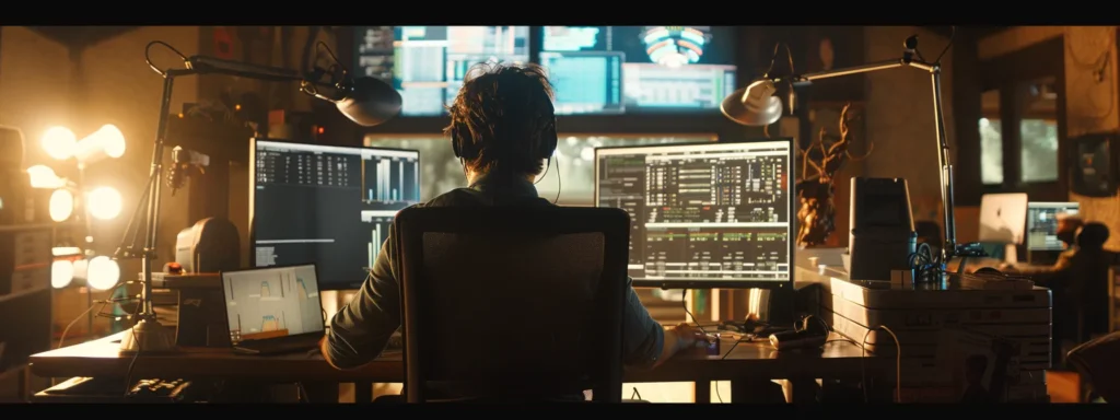 a skilled technician working diligently on a computer backend, surrounded by screens displaying code and security protocols.