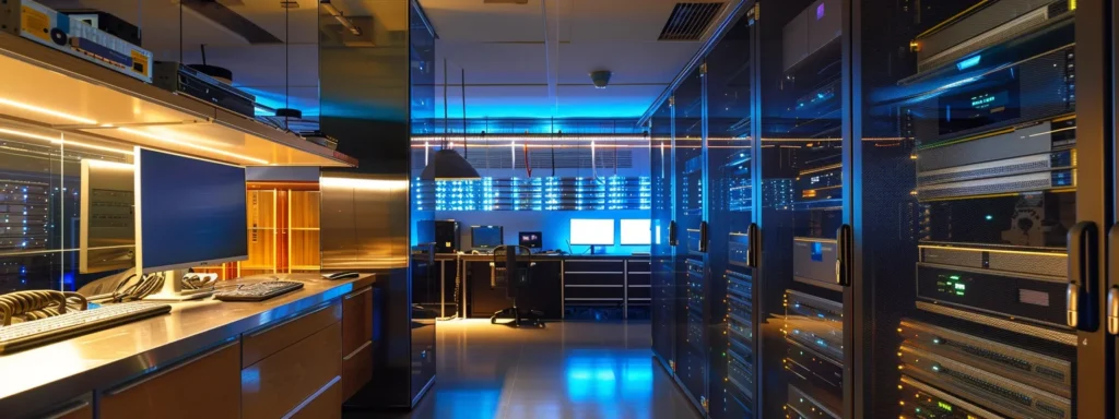 a sleek, modern server room with powerful equipment humming smoothly in a well-organized layout.