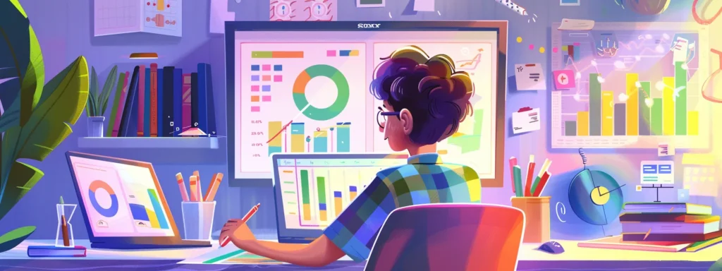 a small business owner analyzing on-page seo success on a laptop, surrounded by graphs and data charts representing website performance.