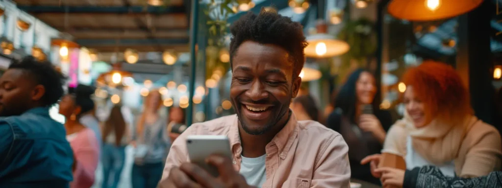 a small local business owner holding a smartphone, smiling while posting a picture of a new product with community members engaging with the post, surrounded by local hashtags and location tags.