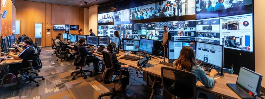 a team of focused professionals working together to resolve critical website issues in a high-tech command center setting.