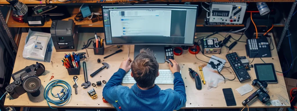 a technician carefully updating cms software on a computer monitor, surrounded by tools and backup supplies, ensuring website reliability and optimal performance.