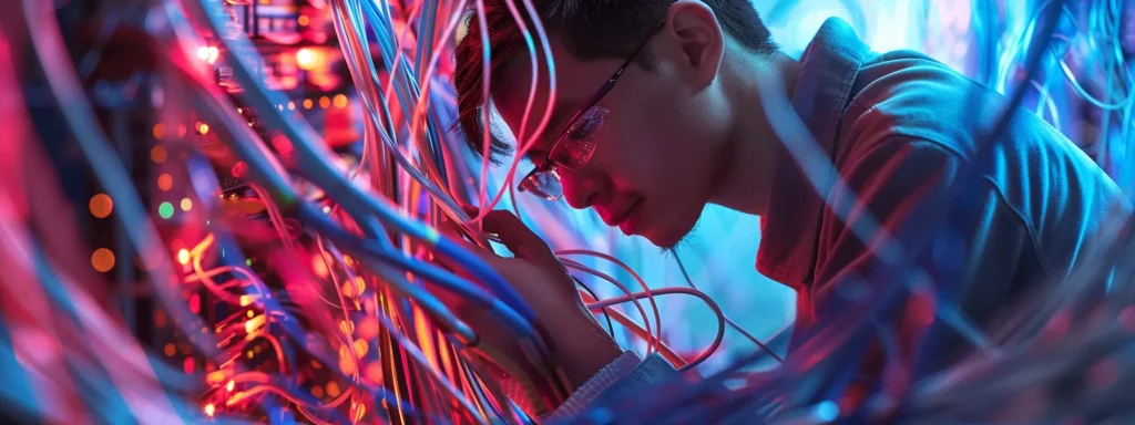 a technician working on a computer server surrounded by a tangle of colorful cables.