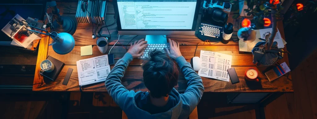 a web developer analyzing a detailed technical seo audit report on a computer screen, surrounded by notepads and coffee mugs.